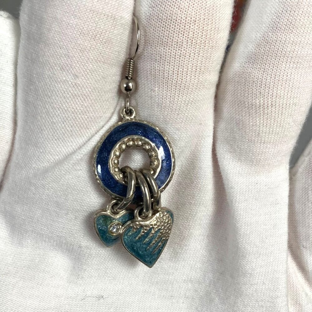 Silver Heart Dangle Earrings Blue Enamel Rhinestone Detail Signed on Back - Picture 3 of 7